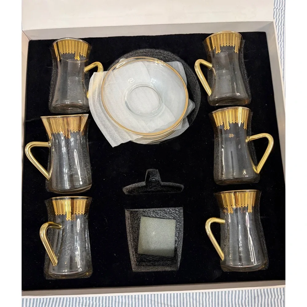 Otantik Home Mirral Turkish Tea Set 6 Cups 6 Saucers Gold Trim Glass Boxed New